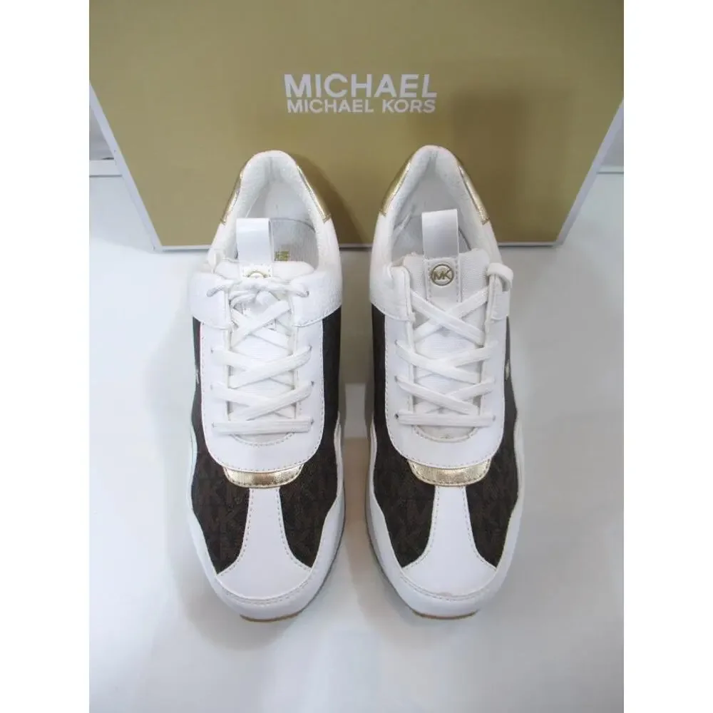 Michael Kors Raina Trainer Lace Up Sneakers MK Signature Brown White Size 7.5